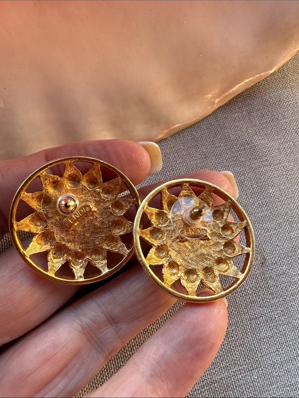Fendi Gold Sunburst Pierced Earrings with Black Onyx Centers - Picture 3 of 4